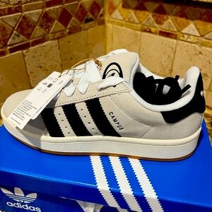 NWT and box: Adidas Campus White and Black Sneakers